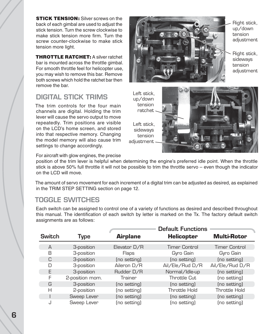 Digital stick trims, Toggle switches | Tactic TTX850 8-Ch SLT Computer User Manual | Page 6 / 32