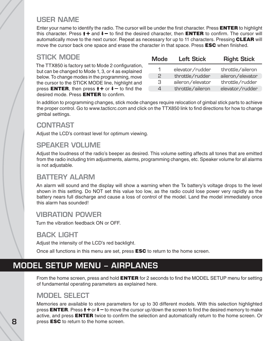 Model setup menu – airplanes, User name, Stick mode | Contrast, Speaker volume, Battery alarm, Vibration power, Back light, Model select | Tactic TTX850 8-Ch SLT Computer User Manual | Page 8 / 32