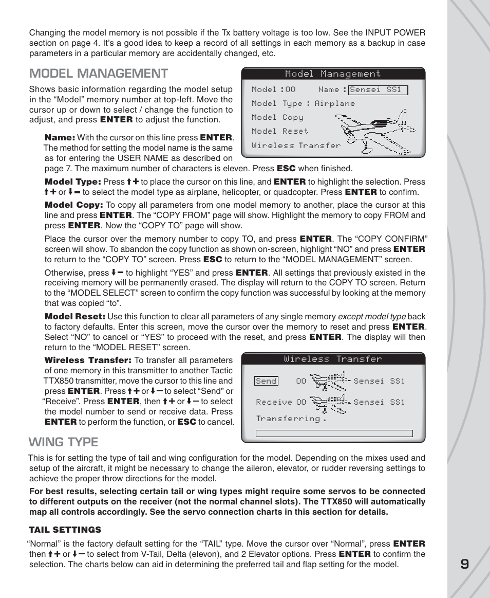 Model management, Wing type | Tactic TTX850 8-Ch SLT Computer User Manual | Page 9 / 32