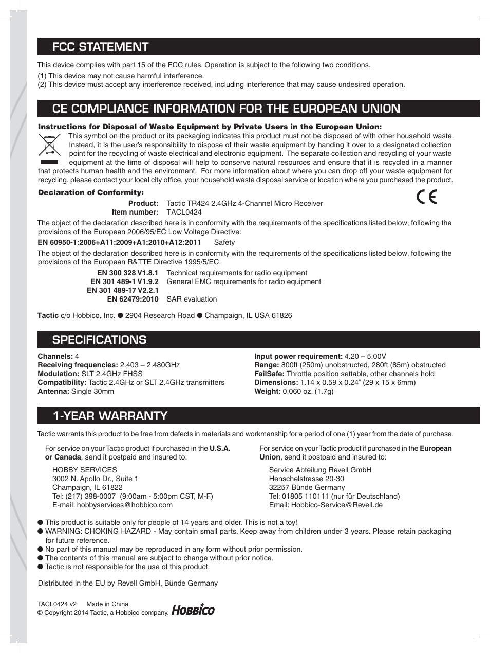 Fcc statement, Ce compliance information for the european union, Specifications | Year warranty | Tactic TR424 4-Ch SLT User Manual | Page 2 / 2