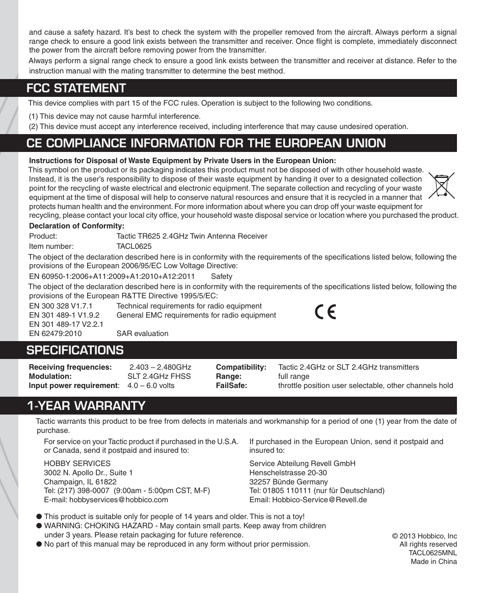 Year warranty | Tactic TR625 6-Ch User Manual | Page 2 / 2