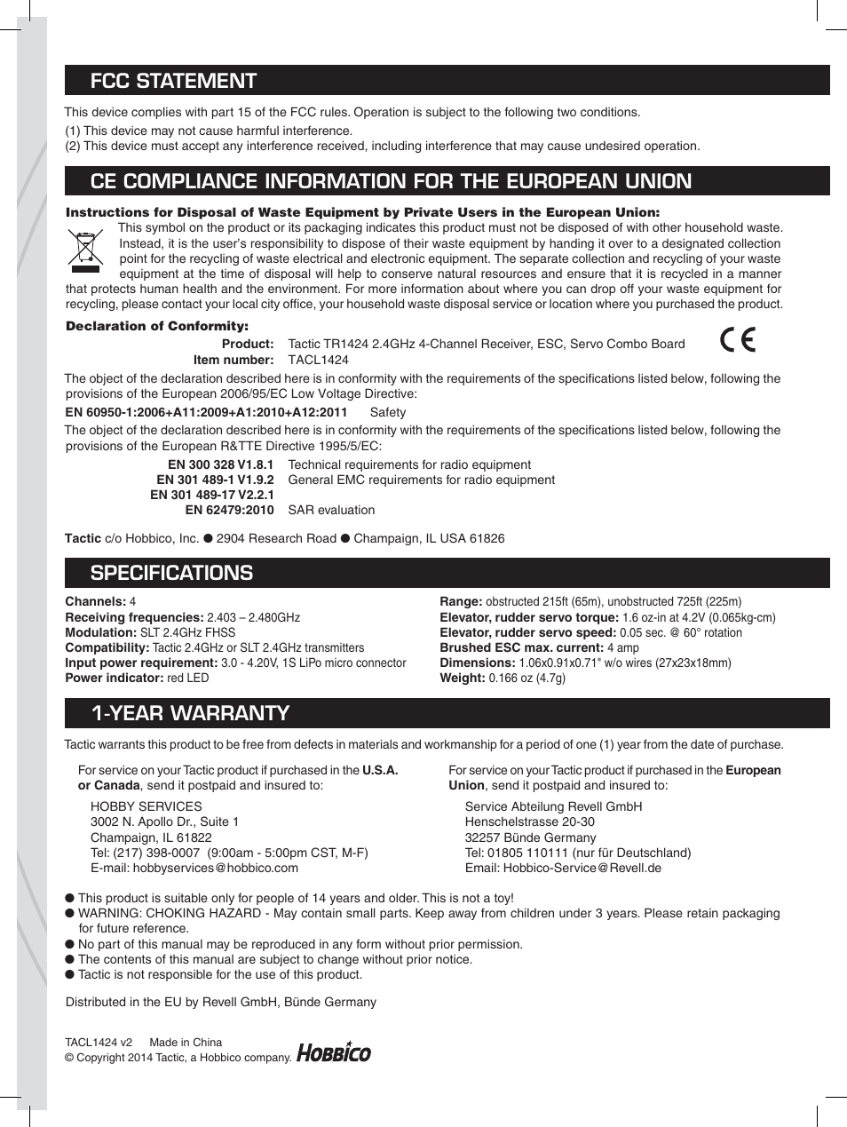 Fcc statement, Ce compliance information for the european union, Specifications | Year warranty | Tactic TR1424 User Manual | Page 2 / 2