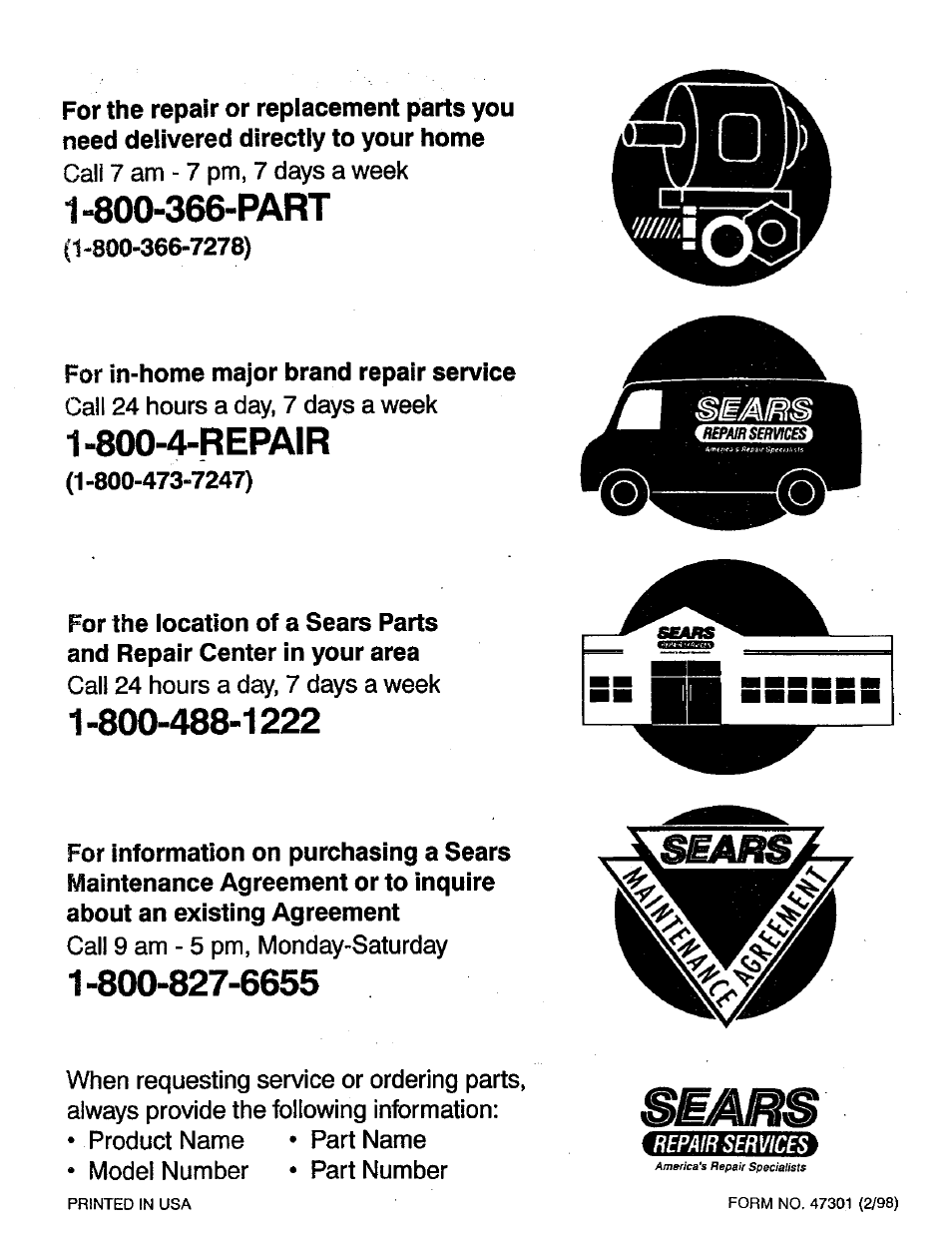 800-366-part, For in-home major brand repair service, 800-4-repair | Craftsman 486.24336 User Manual | Page 8 / 8