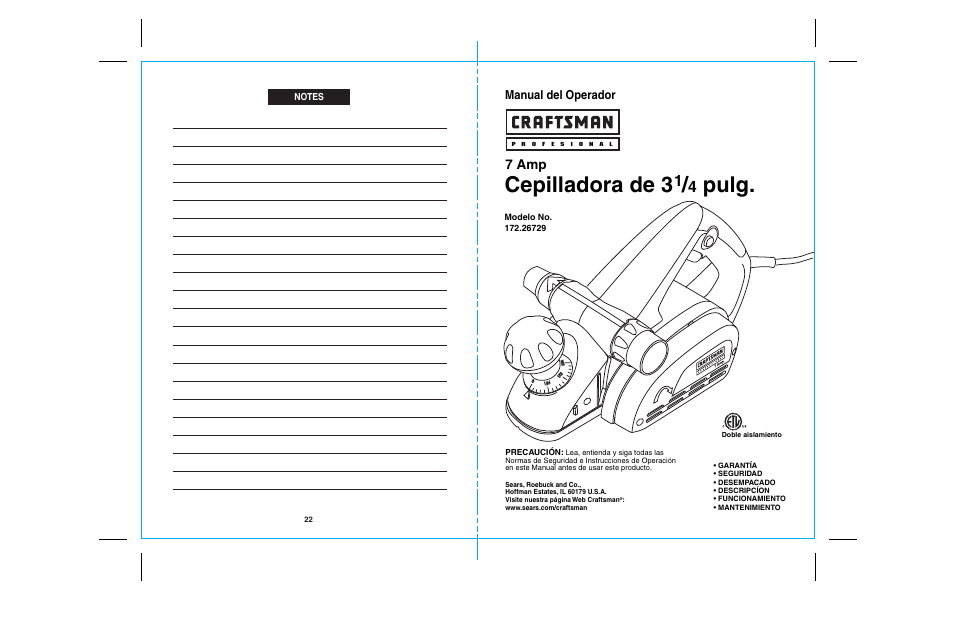 26729 22-fc .ai, Cepilladora de 3, Pulg | 7 amp, Manual del operador | Craftsman 172.26729 User Manual | Page 12 / 13