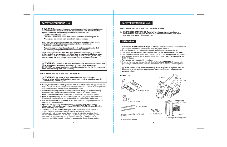 26729 8-9.ai, Safety instructions cont, Unpacking | Warning | Craftsman 172.26729 User Manual | Page 5 / 13