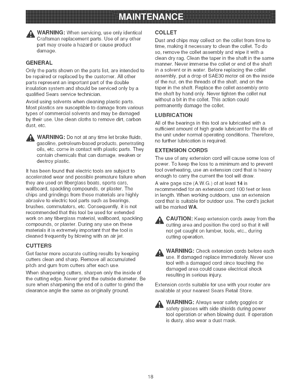 Maintenance, Cutters, Collet | Lubrication, Extension cords | Craftsman 315.269210 User Manual | Page 18 / 22