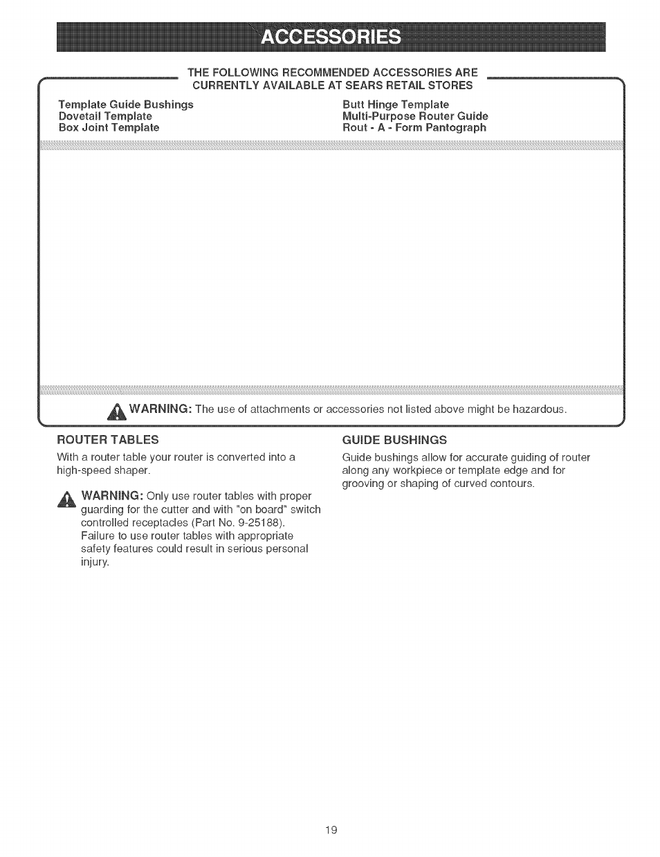 Ccessories, Router tables, Guide bushings | Accessories | Craftsman 315.269210 User Manual | Page 19 / 22