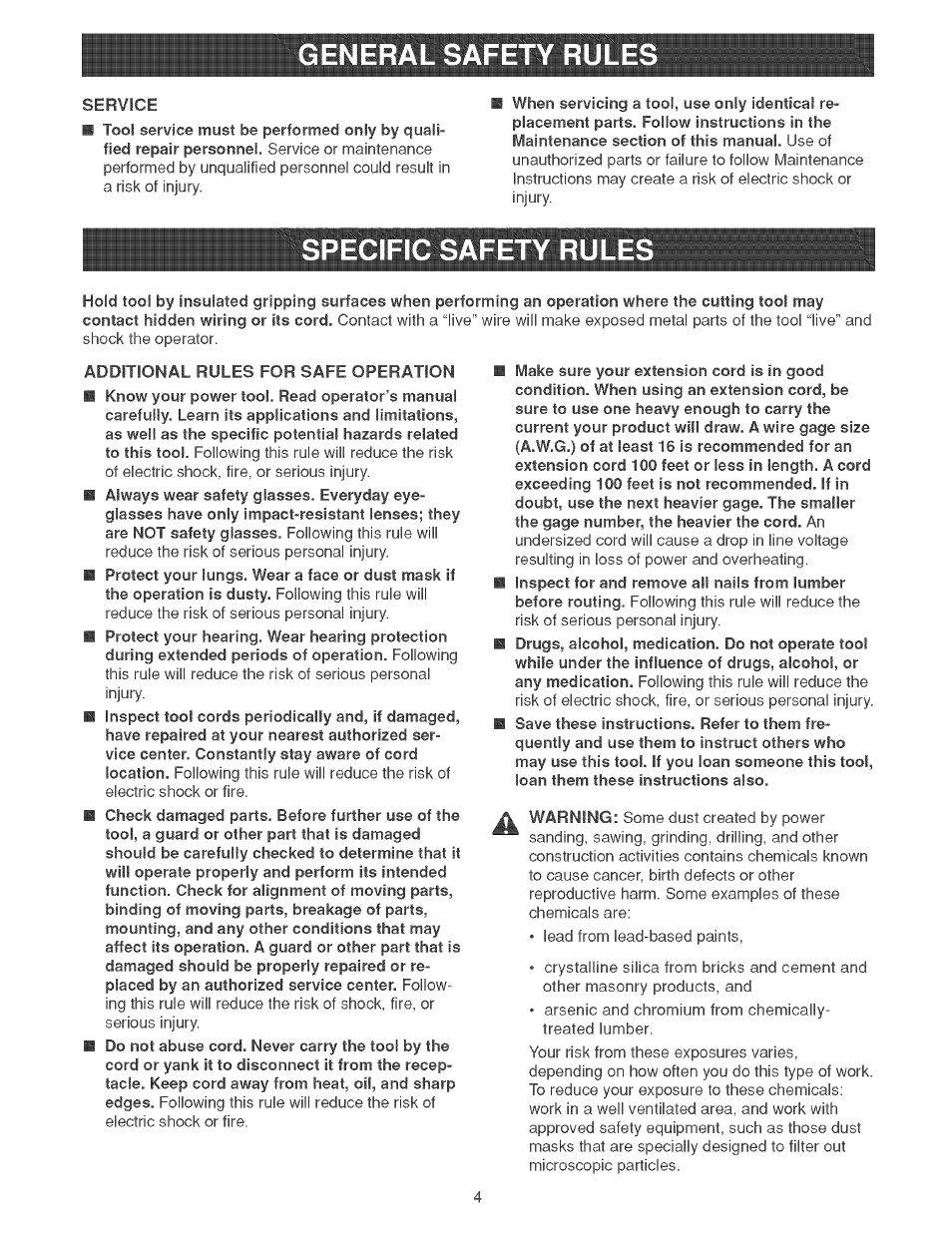 General safety rules, Service, Specific safety rule | Additional rules for safe operation, Specific safety rules | Craftsman 315.269210 User Manual | Page 4 / 22