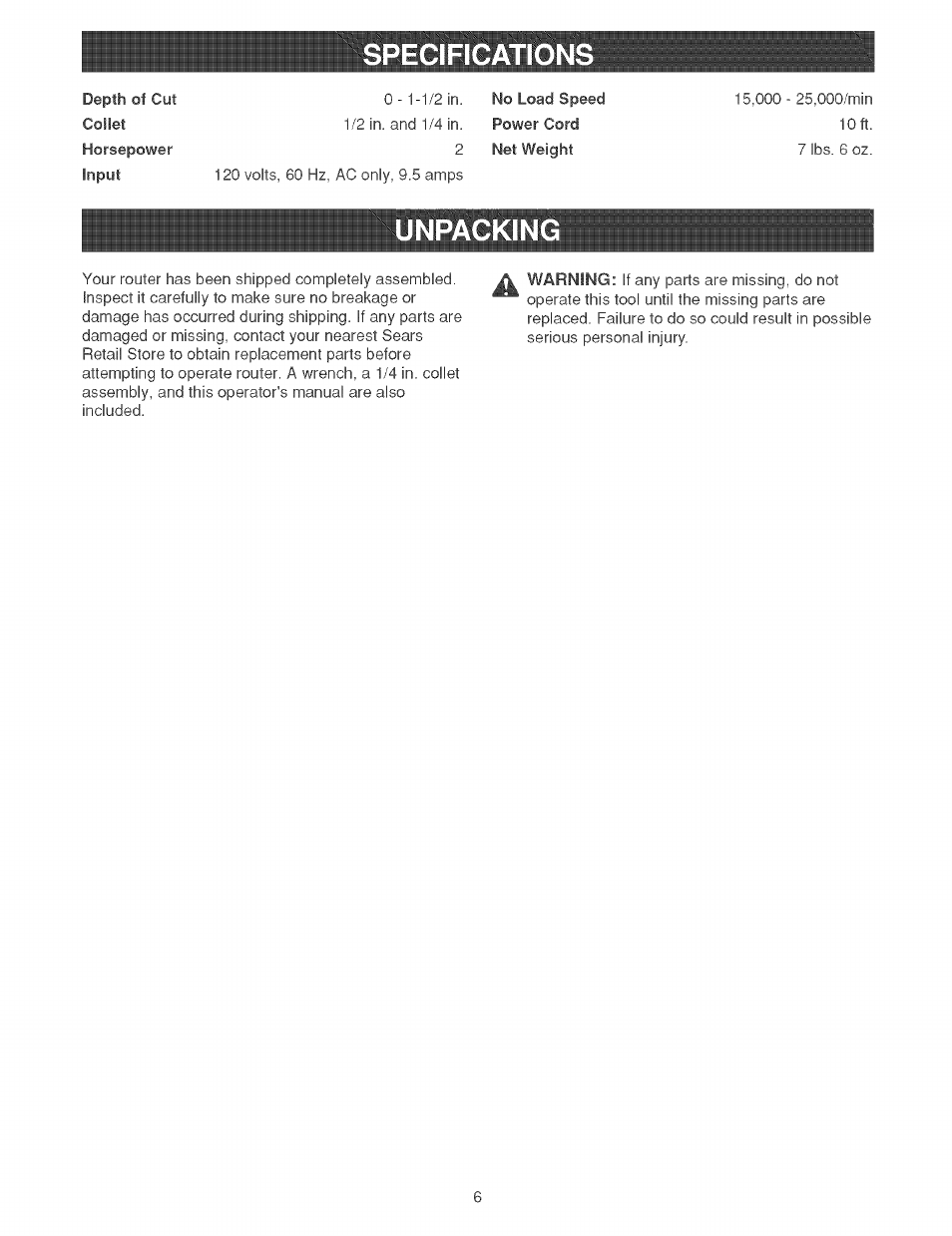 Unpackin, Specification | Craftsman 315.269210 User Manual | Page 6 / 22