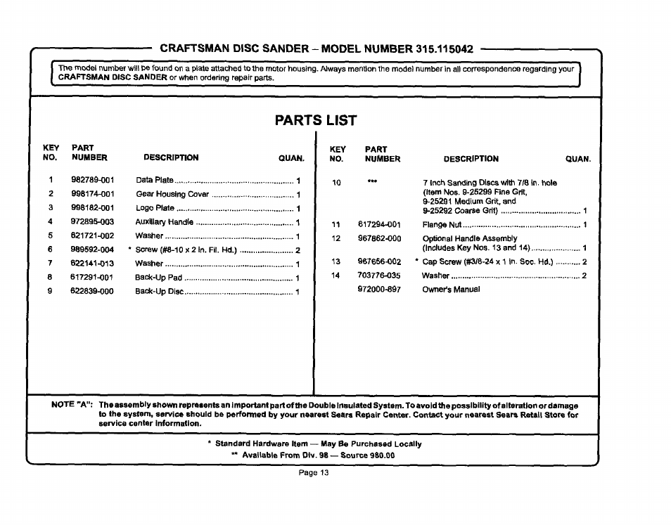 Parts list | Craftsman 315.115042 User Manual | Page 13 / 14