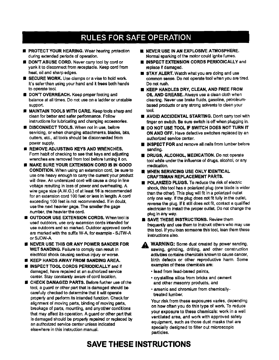 Save these instructions, Rules for safe operation | Craftsman 315.115042 User Manual | Page 4 / 14