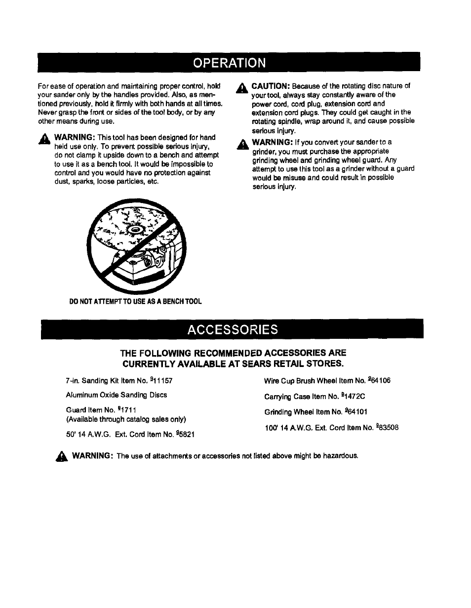 Accessories, Operation | Craftsman 315.115042 User Manual | Page 9 / 14