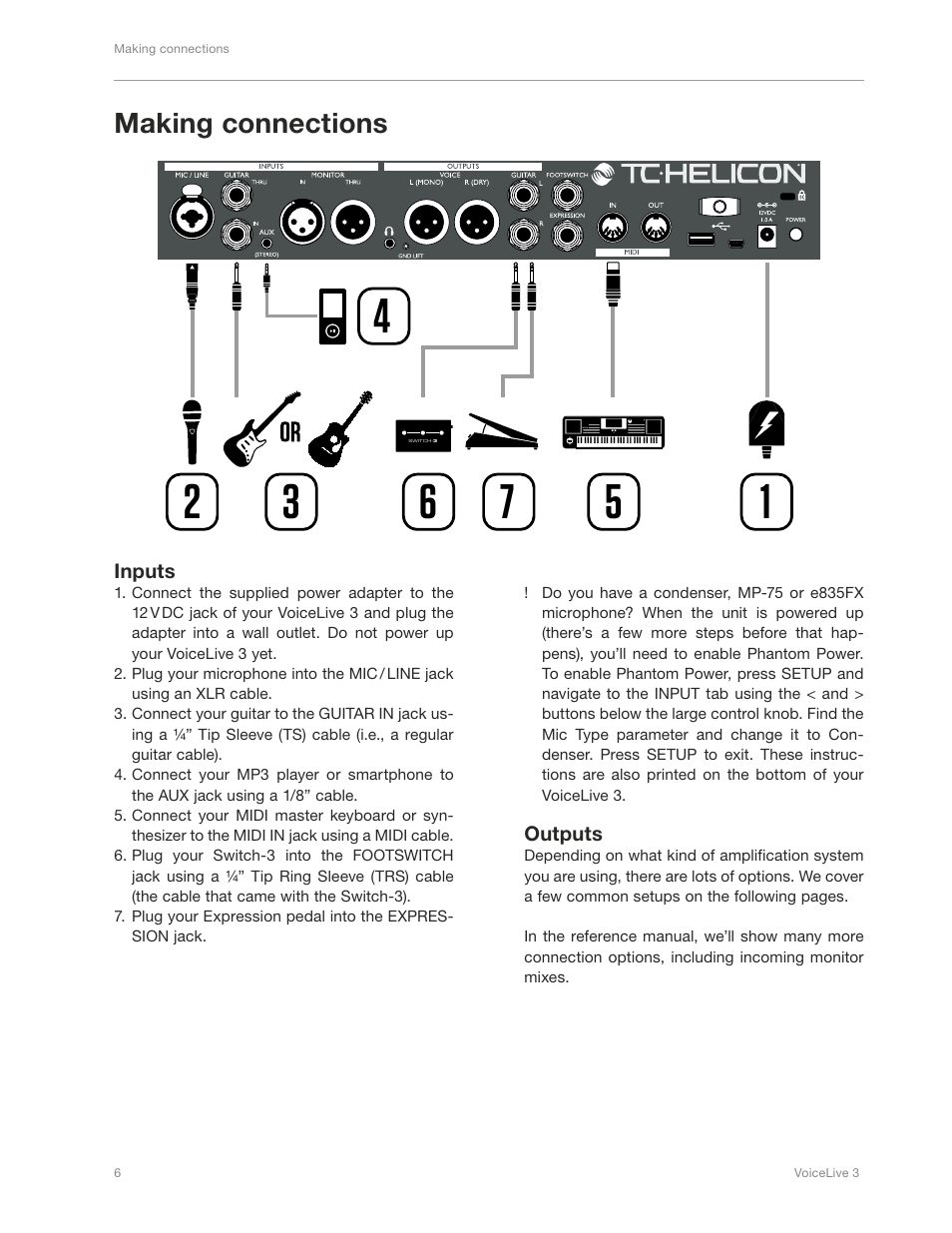 Making connections, Inputs, Outputs | TC-Helicon VoiceLive 3 - QuickStart Guide User Manual | Page 10 / 20