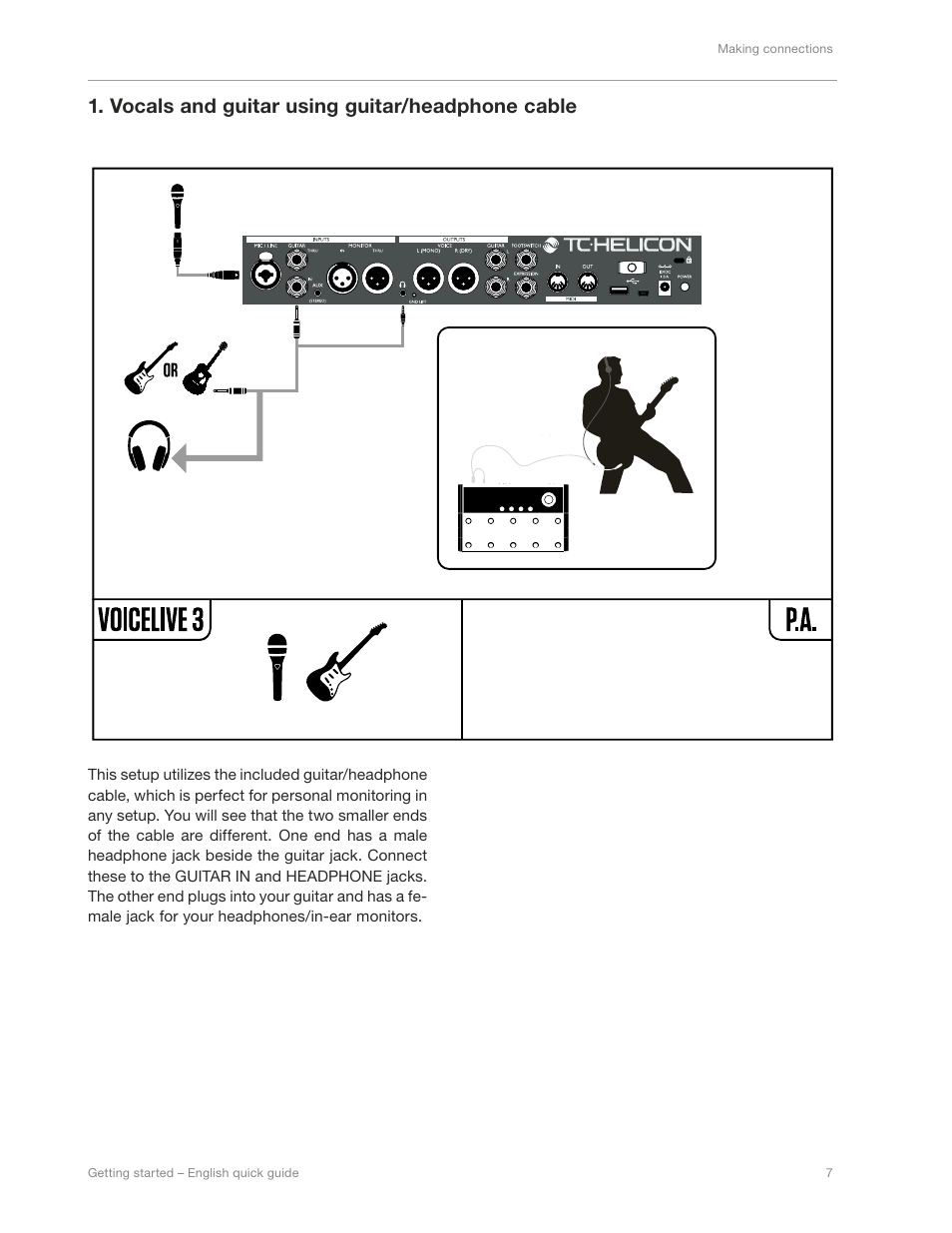 Vocals and guitar using guitar/headphone cable | TC-Helicon VoiceLive 3 - QuickStart Guide User Manual | Page 11 / 20