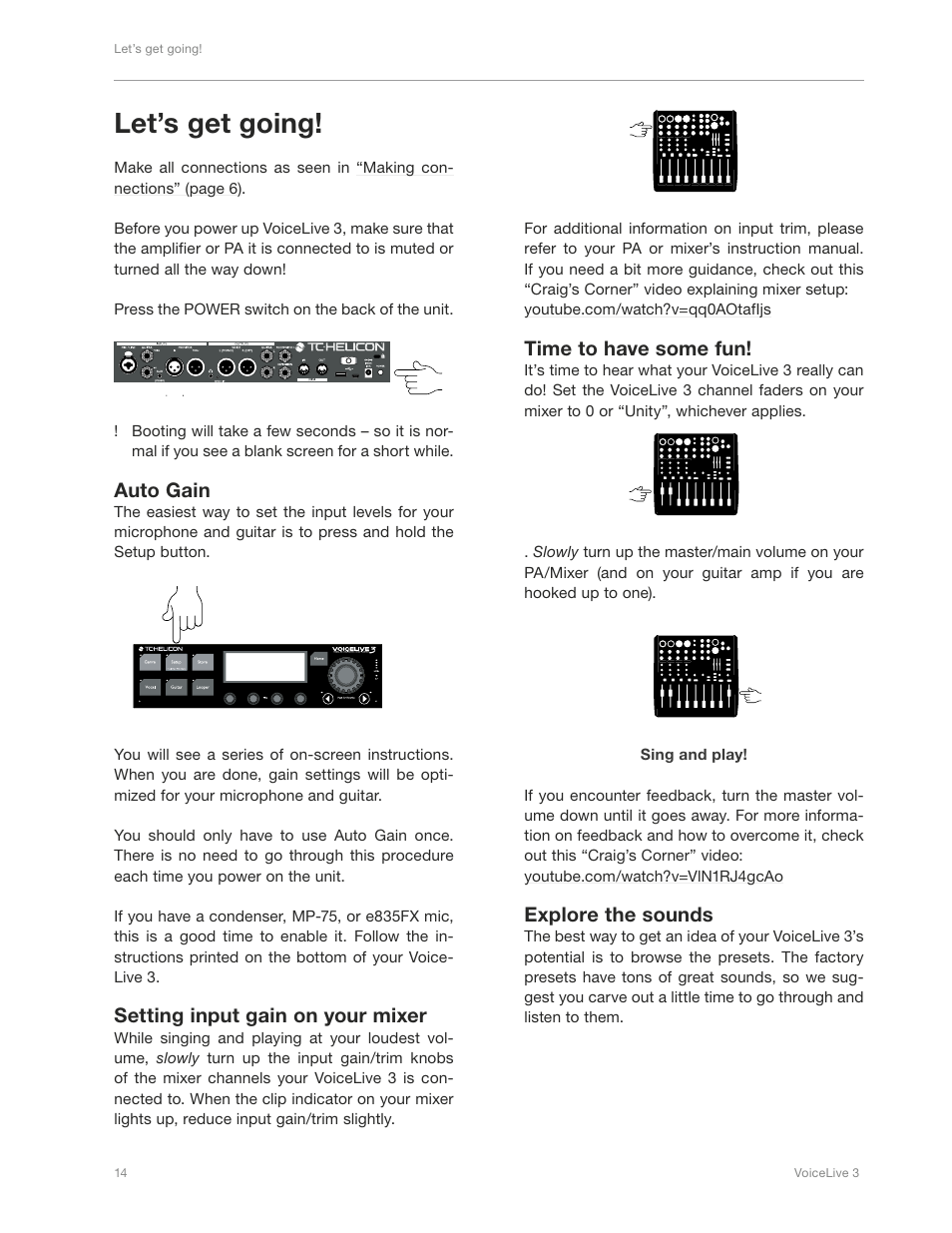 Let’s get going, Auto gain, Setting input gain on your mixer | Time to have some fun, Explore the sounds | TC-Helicon VoiceLive 3 - QuickStart Guide User Manual | Page 18 / 20