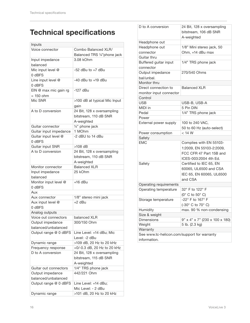 Technical specifications | TC-Helicon VoiceLive 3 - QuickStart Guide User Manual | Page 20 / 20