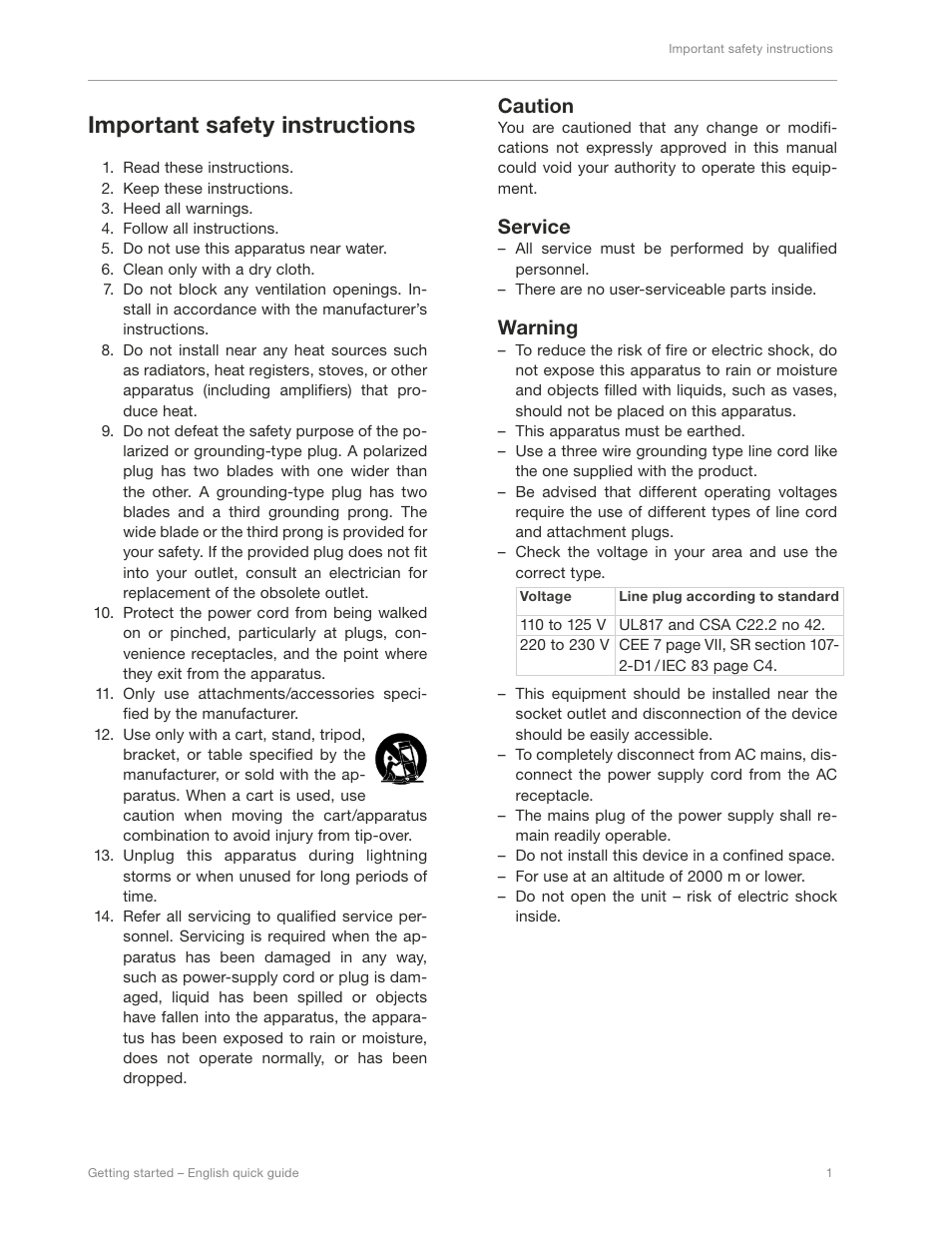 Important safety instructions, Caution, Service | Warning | TC-Helicon VoiceLive 3 - QuickStart Guide User Manual | Page 5 / 20