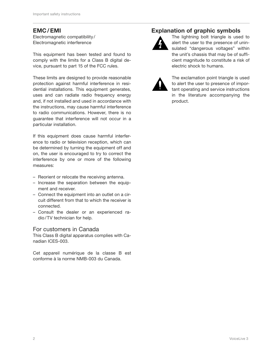 Emc / emi, For customers in canada, Explanation of graphic symbols | TC-Helicon VoiceLive 3 - QuickStart Guide User Manual | Page 6 / 20