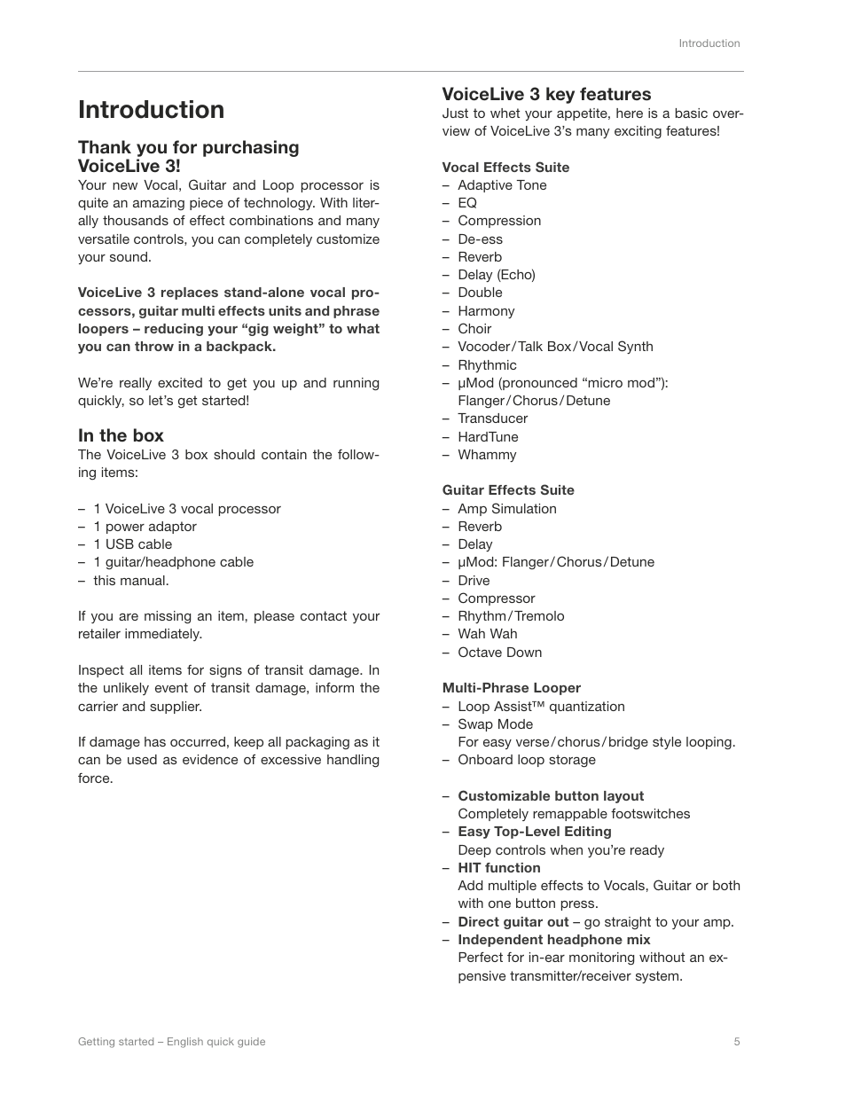 Introduction, Voicelive 3 key features | TC-Helicon VoiceLive 3 - QuickStart Guide User Manual | Page 9 / 20
