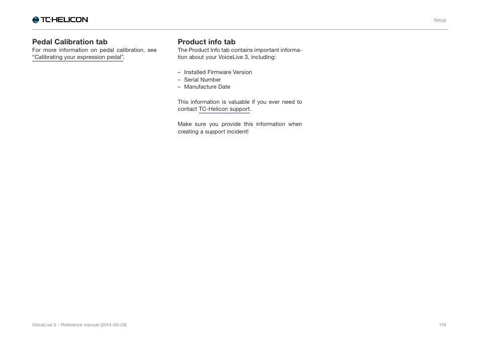 Pedal calibration tab, Product info tab | TC-Helicon VoiceLive 3 - Reference Manual User Manual | Page 118 / 127