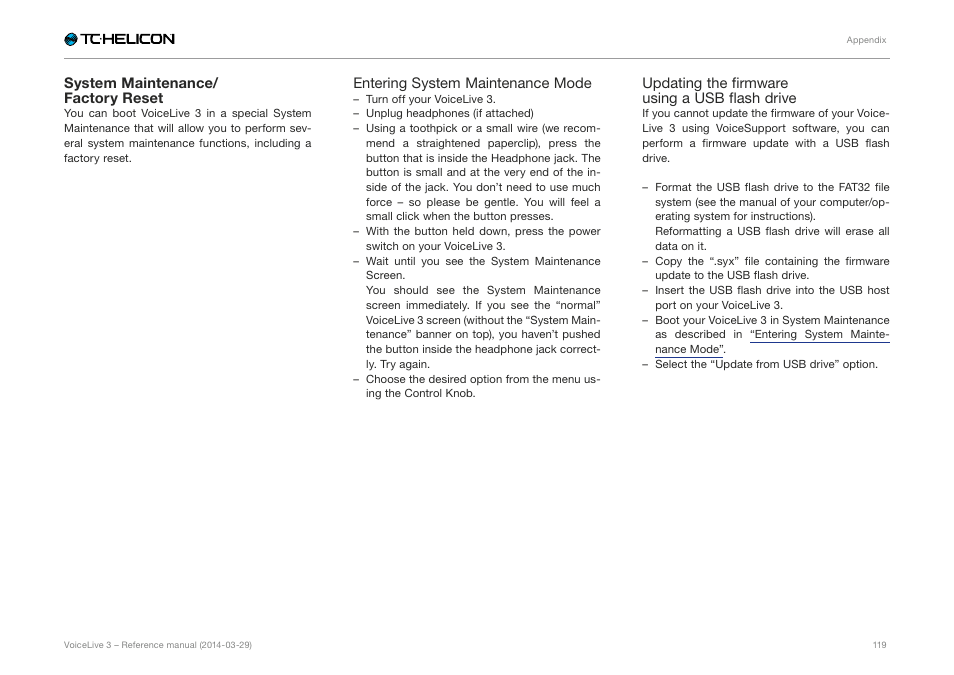 System maintenance/factory reset | TC-Helicon VoiceLive 3 - Reference Manual User Manual | Page 121 / 127