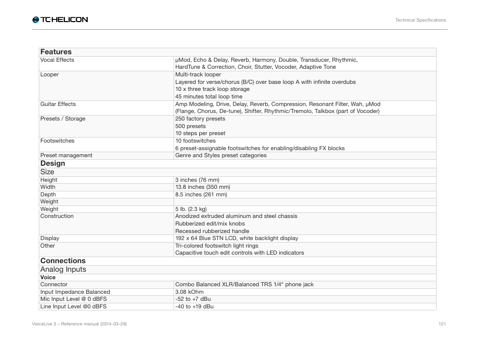 Features, Design | TC-Helicon VoiceLive 3 - Reference Manual User Manual | Page 123 / 127