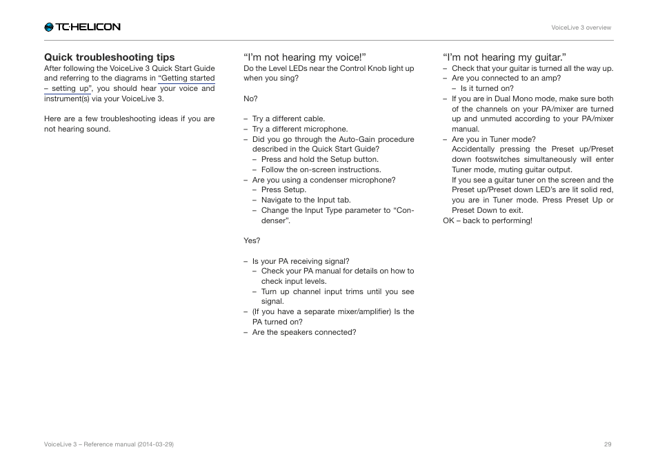 Quick troubleshooting tips | TC-Helicon VoiceLive 3 - Reference Manual User Manual | Page 31 / 127