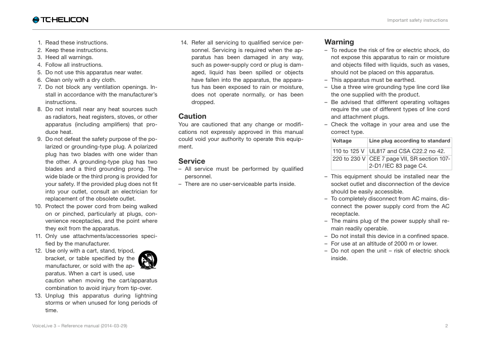 Caution, Service, Warning | TC-Helicon VoiceLive 3 - Reference Manual User Manual | Page 4 / 127