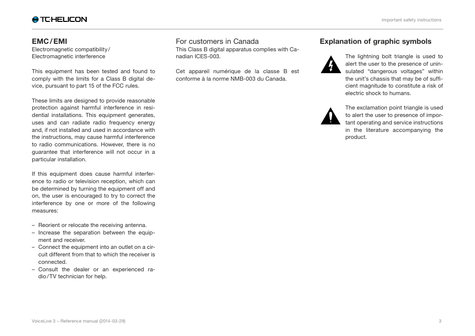 Emc / emi, Explanation of graphic symbols | TC-Helicon VoiceLive 3 - Reference Manual User Manual | Page 5 / 127