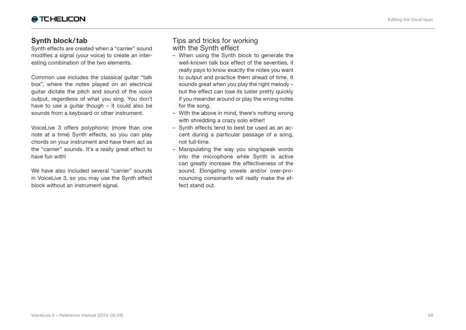 Synth block / tab | TC-Helicon VoiceLive 3 - Reference Manual User Manual | Page 61 / 127