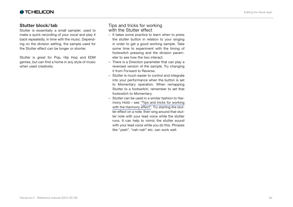 Stutter block / tab | TC-Helicon VoiceLive 3 - Reference Manual User Manual | Page 66 / 127