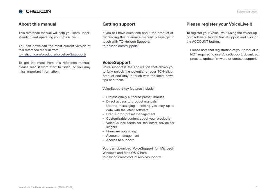 About this manual, Getting support, Voicesupport | Please register your voicelive 3 | TC-Helicon VoiceLive 3 - Reference Manual User Manual | Page 7 / 127