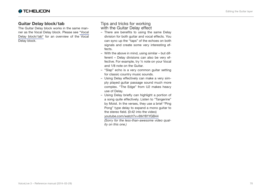 Guitar delay block / tab | TC-Helicon VoiceLive 3 - Reference Manual User Manual | Page 72 / 127