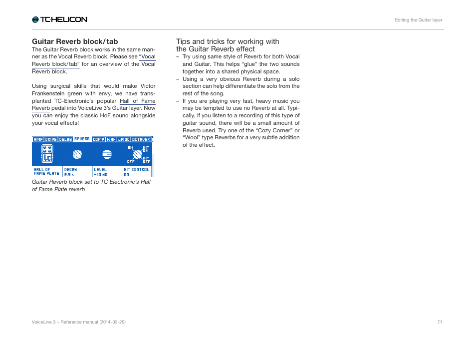 Guitar reverb block / tab | TC-Helicon VoiceLive 3 - Reference Manual User Manual | Page 73 / 127