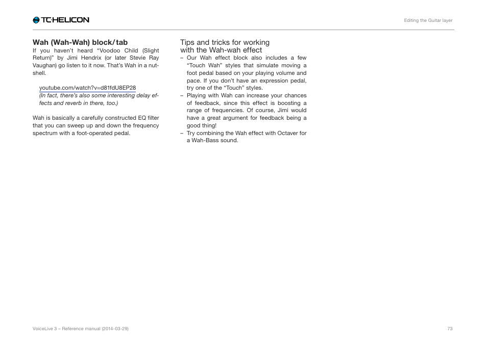 Wah (wah-wah) block / tab | TC-Helicon VoiceLive 3 - Reference Manual User Manual | Page 75 / 127