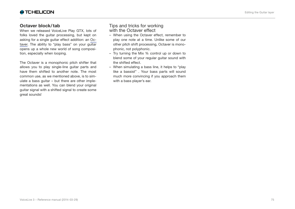 Octaver block / tab | TC-Helicon VoiceLive 3 - Reference Manual User Manual | Page 77 / 127