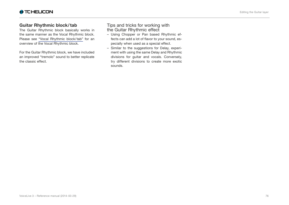 Guitar rhythmic block / tab | TC-Helicon VoiceLive 3 - Reference Manual User Manual | Page 78 / 127