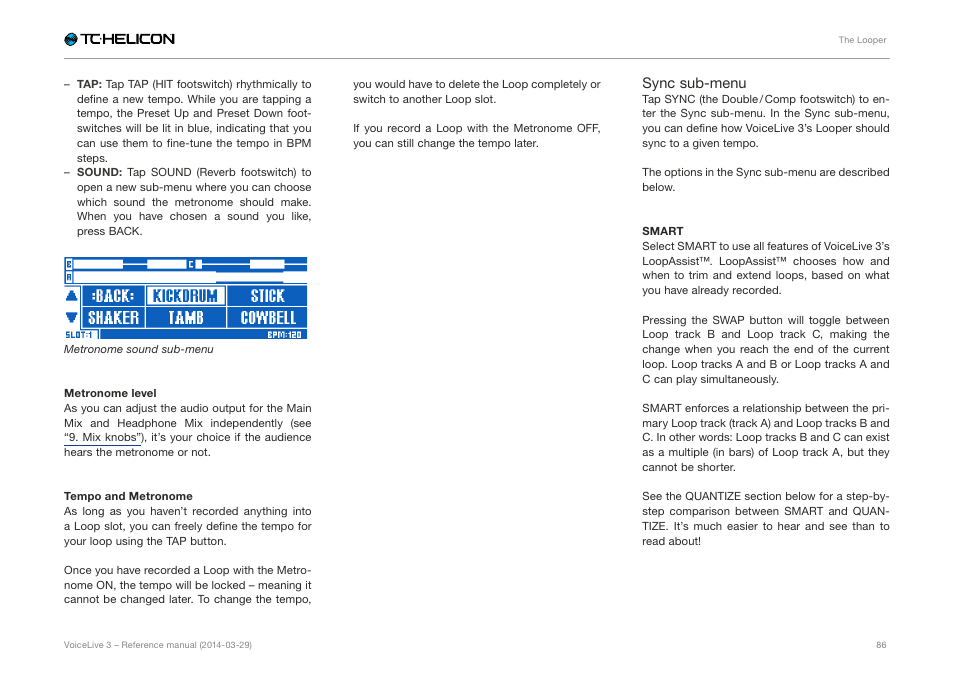 E “smart, Loop b, E “sync sub-menu | TC-Helicon VoiceLive 3 - Reference Manual User Manual | Page 88 / 127