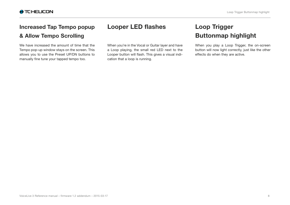 Increased tap tempo popup & allow tempo scrolling, Looper led flashes, Loop trigger buttonmap highlight | TC-Helicon VoiceLive 3 - Firmware 1.2 Manual Addendum (MIDI Sync) User Manual | Page 10 / 12