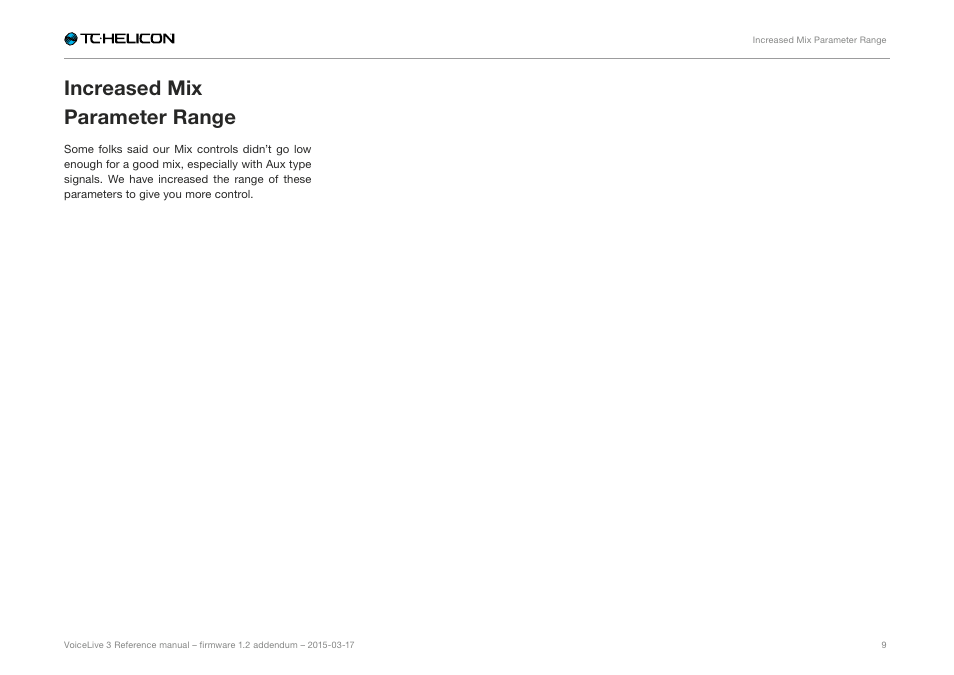 Increased mix parameter range | TC-Helicon VoiceLive 3 - Firmware 1.2 Manual Addendum (MIDI Sync) User Manual | Page 11 / 12