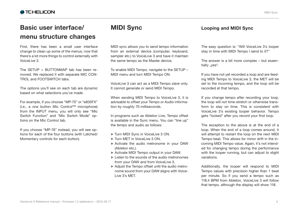 Basic user interface/menu structure changes, Midi sync, Looping and midi sync | Basic user interface/ menu structure changes | TC-Helicon VoiceLive 3 - Firmware 1.2 Manual Addendum (MIDI Sync) User Manual | Page 5 / 12