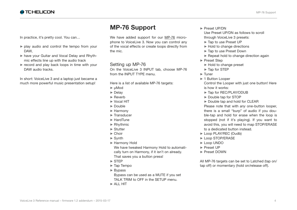 Mp-76 support, Setting up mp-76 | TC-Helicon VoiceLive 3 - Firmware 1.2 Manual Addendum (MIDI Sync) User Manual | Page 6 / 12