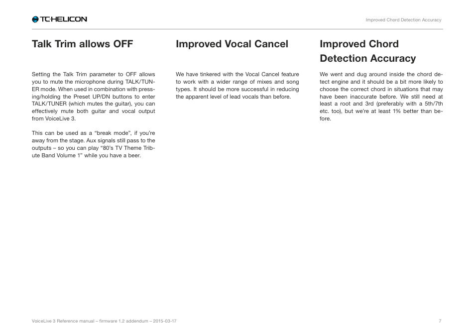 Talk trim allows off, Improved vocal cancel, Improved chord detection accuracy | TC-Helicon VoiceLive 3 - Firmware 1.2 Manual Addendum (MIDI Sync) User Manual | Page 9 / 12