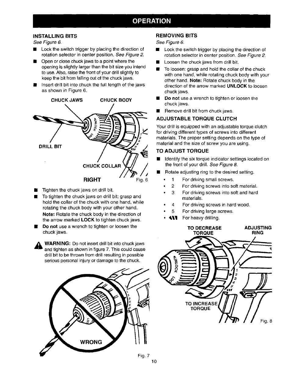 Installing bits, Removing bits, Adjustable torque clutch | To adjust torque, Operation | Craftsman 973.110770 User Manual | Page 10 / 16