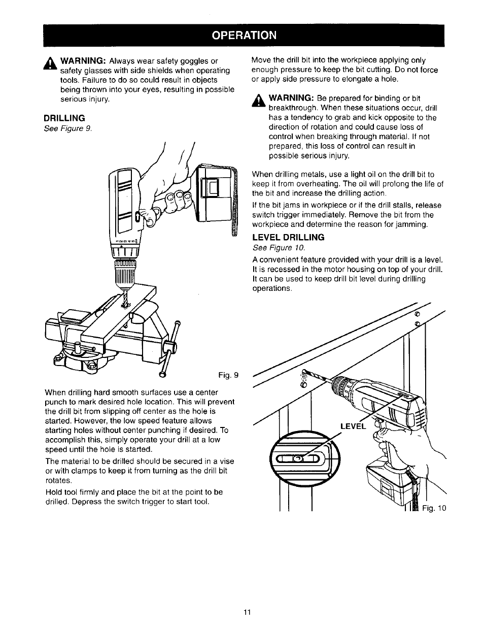 Drilling, Level drilling, Operation | Craftsman 973.110770 User Manual | Page 11 / 16