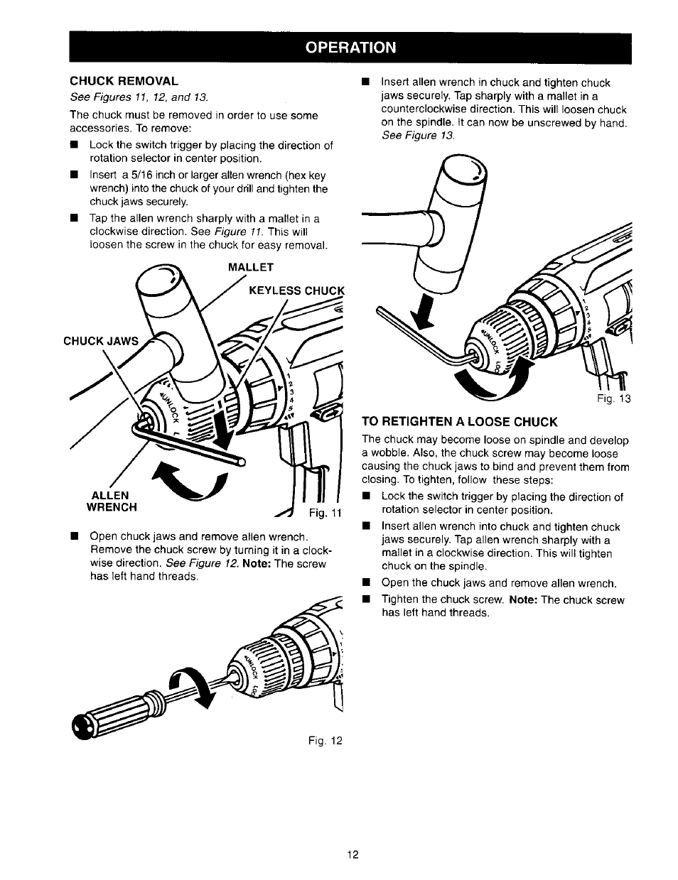Chuck removal, To retighten a loose chuck, Operation | Craftsman 973.110770 User Manual | Page 12 / 16