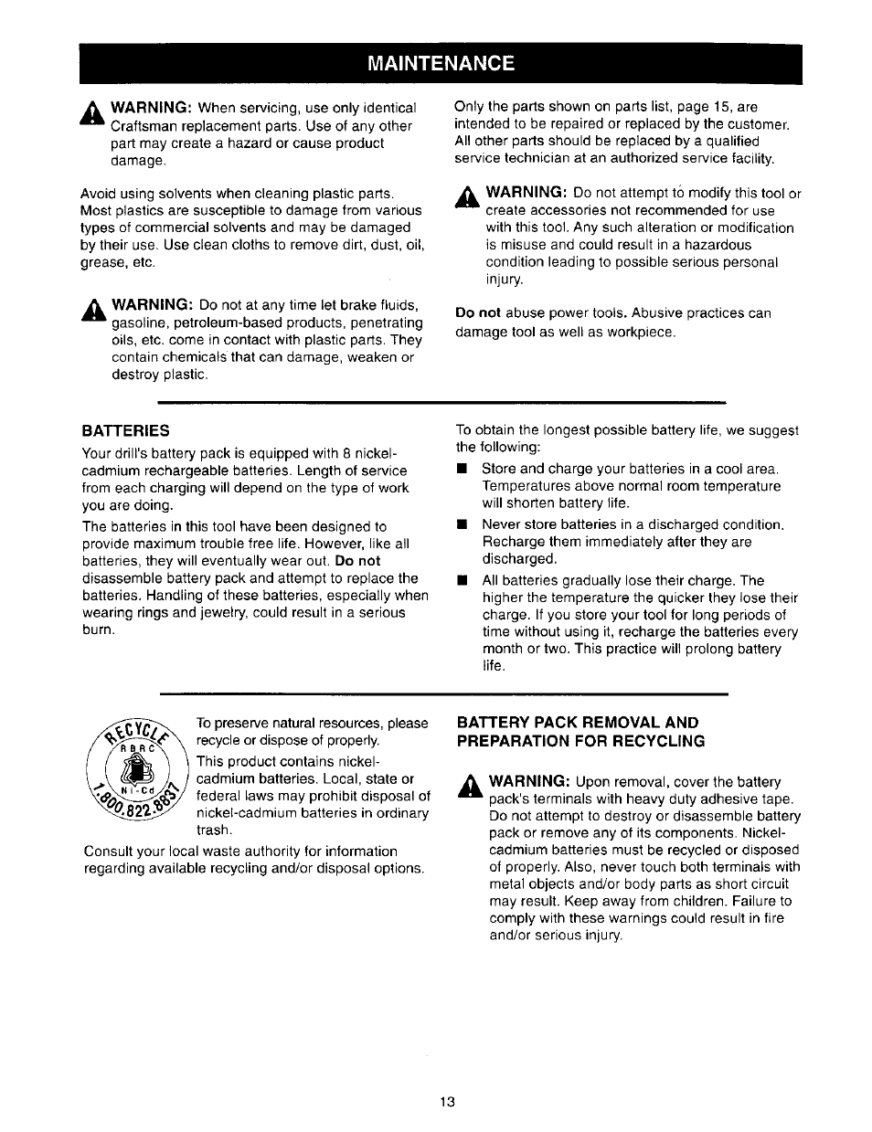 Batteries, Battery pack removal and preparation for recycling, Maintenance | Craftsman 973.110770 User Manual | Page 13 / 16