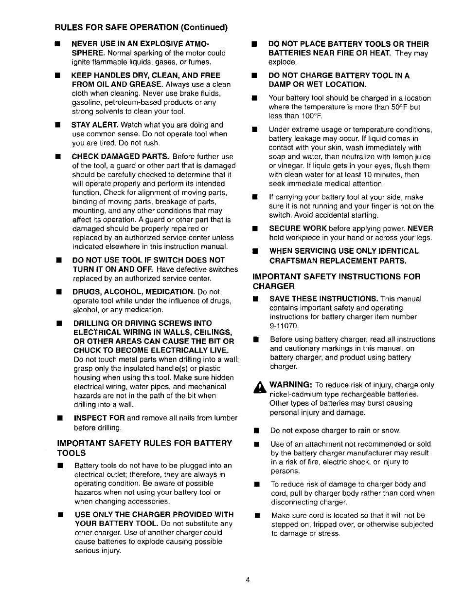 Important safety rules for battery, Tools, Important safety instructions for charger | A. important safety rules for battery tools, B. important safety instructions for charger | Craftsman 973.110770 User Manual | Page 4 / 16