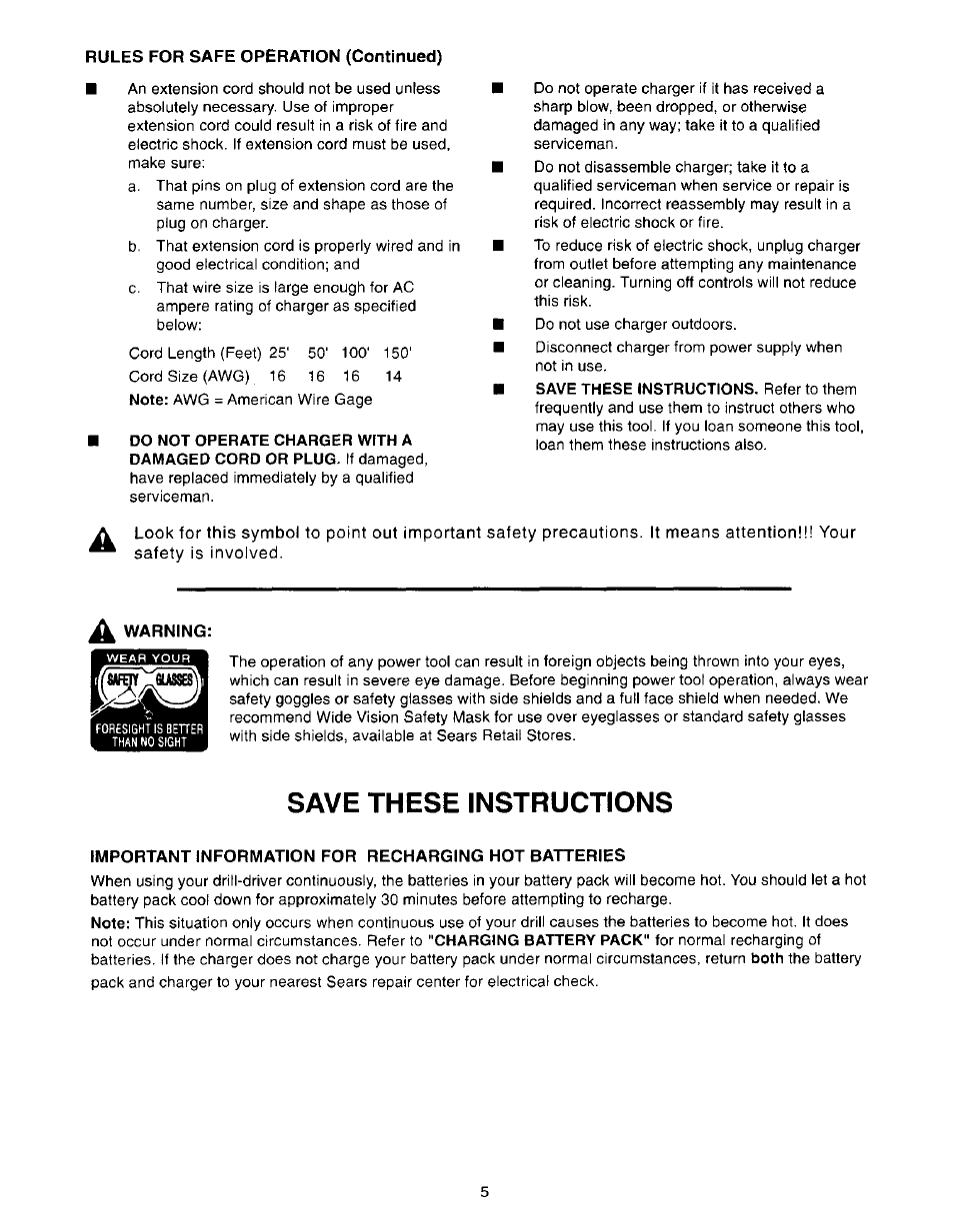 Save these instructions, Important information for recharging hot batteries | Craftsman 973.110770 User Manual | Page 5 / 16