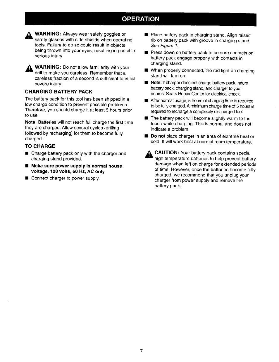 Charging battery pack, To charge, Operation | Craftsman 973.110770 User Manual | Page 7 / 16